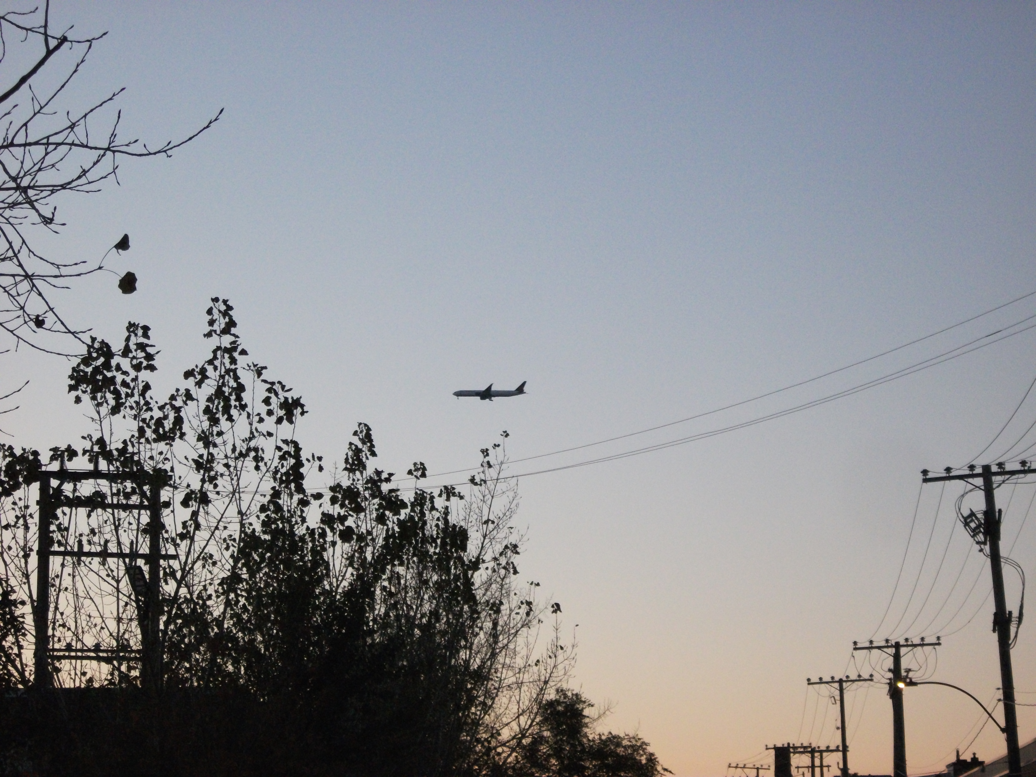 (digital) Airplane landing in contre-jour, at dusk