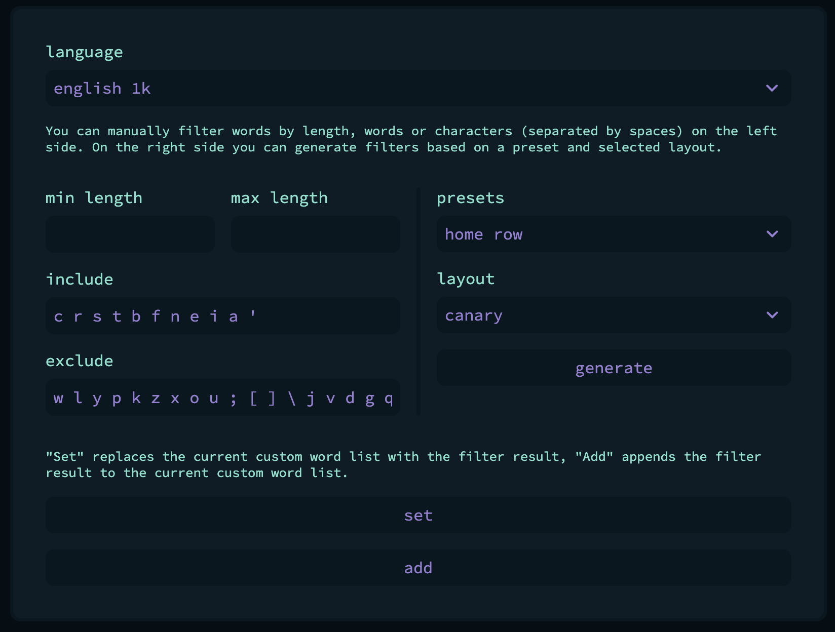 Illustration of Monkeytype's custom settings, tuned for Canary layout practice